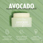 Fourth Ray Beauty Avocado Superfood Mask face mask jar sits on a green textured backdrop, label reading AVOCADO superfood nourishing mask, with icons highlighting antioxidants, essential fatty acids, and vitamins A & C; hydrating ColourPop Face Mask.