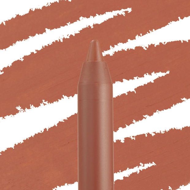 ColourPop Lippie Pencil in Field Day, a warm terracotta nude lip liner, shown tip-up in a close-up against bold matching swatch strokes on a white backdrop.