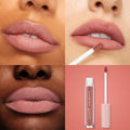 Fifth Avenue ColourPop Ultra Matte Lip swatched on three lip close-ups across varied skin tones, showing a soft dusty-rose nude; a doe‑foot applies the shade, alongside a product shot of the clear tube with peach star cap - long‑wear matte liquid lipstick.