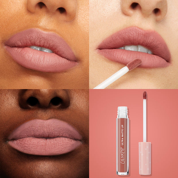 Fifth Avenue ColourPop Ultra Matte Lip swatched on three lip close-ups across varied skin tones, showing a soft dusty-rose nude; a doe‑foot applies the shade, alongside a product shot of the clear tube with peach star cap - long‑wear matte liquid lipstick.