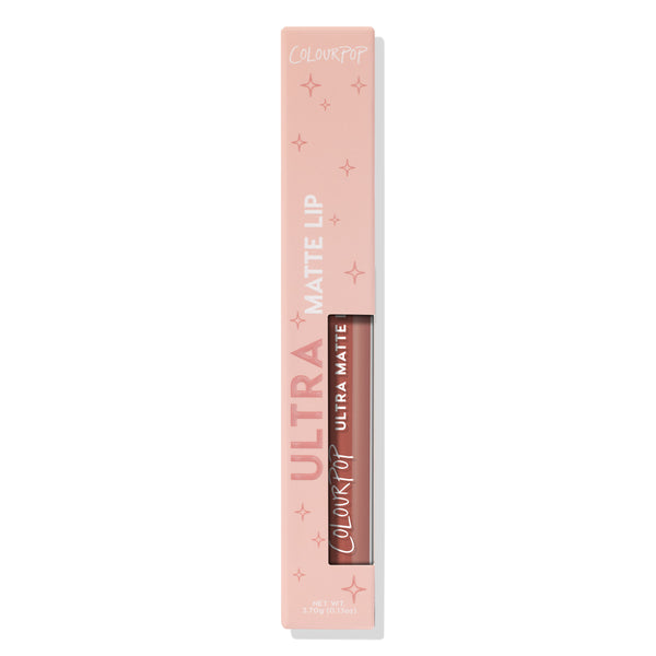ColourPop Ultra Matte Lip in Fifth Avenue showing a warm rosy nude liquid lipstick, standing in a blush-pink box with star accents and a clear cutout window; 3.7g (0.13 oz) tube on a white background.
