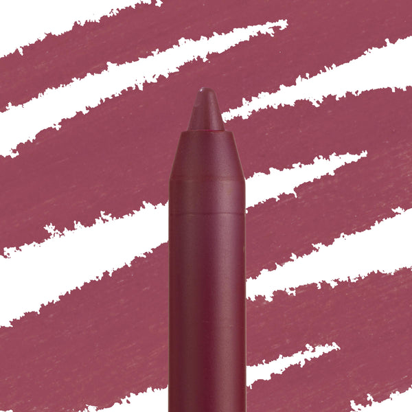 Flattered Lippie Pencil, a ColourPop Lippie Pencil, draws creamy mauve-rose swatches; close-up shows the pointed twist-up tip and matching matte burgundy barrel against a streaked color backdrop, highlighting shade and texture.