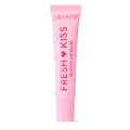 ColourPop Fresh Kiss Glossy Lip Balm standing upright on a white background, a pink squeeze tube with red lettering and heart icon, cap closed, front label reading Fresh Kiss and Glossy Lip Balm.