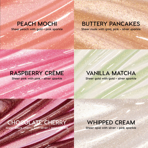 Shine. Shimmer. Repeat. full collection set of Colourpop Fresh Kiss Glossy Balm swatches in a value set grid, showing six pearly shades—Peach Mochi, Buttery Pancakes, Raspberry Crème, Vanilla Matcha, Chocolate Cherry, and Whipped Cream—each labeled with its sheer, sparkly finish.