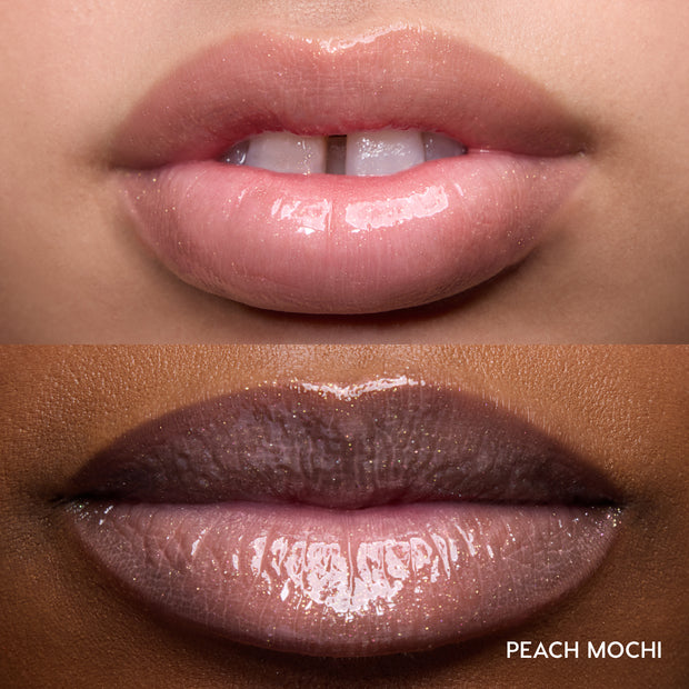 Close-up swatches of Colourpop Peach Mochi Fresh Kiss Glossy Balm on two models’ lips, showing sheer peachy shimmer and high-shine finish, highlighting how this Lip Gloss & Lip Oil hybrid looks on different skin tones.