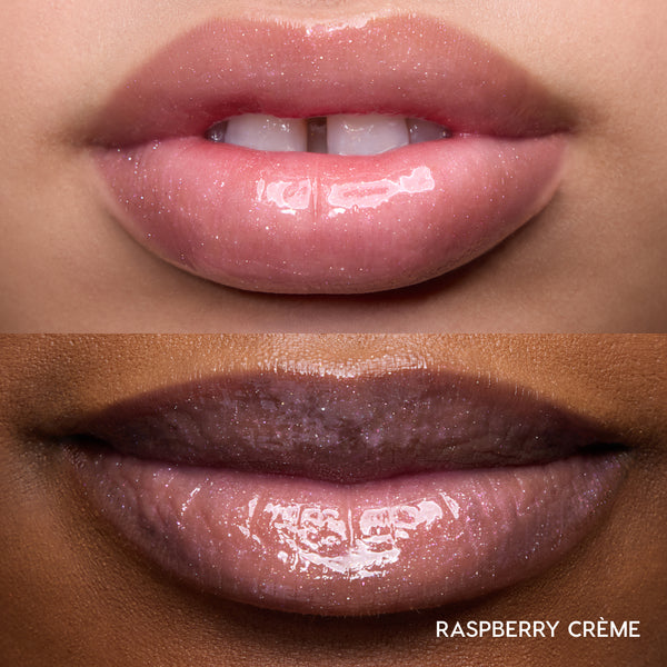 Close-up of two models’ lips wearing Colourpop Fresh Kiss Glossy Balm in Raspberry Crème, showing sheer pink shimmer Lip Gloss & Lip Oil finish on different skin tones against a simple studio background.
