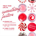 ColourPop Fresh Kiss holiday lip care jars swirl in red and pink, arranged with peppermint candies and a disco-ball accent, touting nourish lips, lock in hydration day + night, and yummy flavors under the headline Treat your lips to something festive.