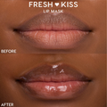 Close-up lips show before-and-after results of the Orange Vanilla ColourPop Lip Mask, turning dry, lined lips (top) into smooth, plump, hydrated, glossy lips (bottom) in a split-screen Fresh Kiss comparison.
