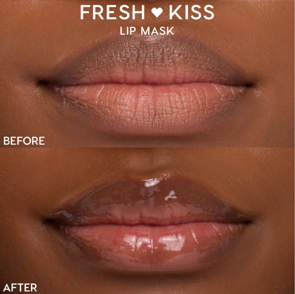 Close-up lips show before-and-after results of the Orange Vanilla ColourPop Lip Mask, turning dry, lined lips (top) into smooth, plump, hydrated, glossy lips (bottom) in a split-screen Fresh Kiss comparison.