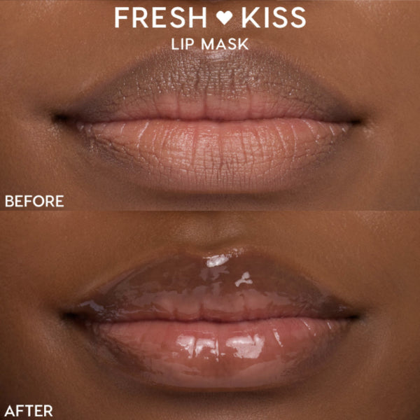 Close-up lips showing before-and-after results from ColourPop Fresh Kiss Lip Mask, turning dry, matte lips into smooth, glossy, hydrated lips; split-screen comparison clearly labeled Before and After.