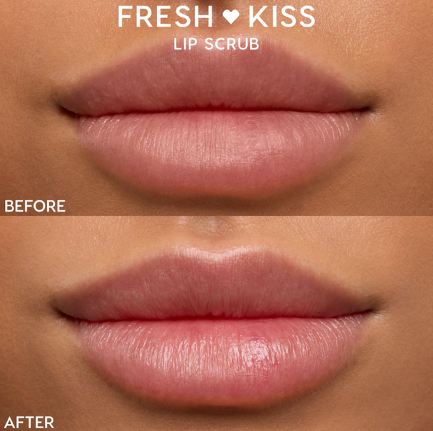 Close-up lips showcase a before-and-after using ColourPop Lip Scrub, Vanilla Cake (Fresh Kiss): before looks dry and flaky, after appears smoother, softer, and glossy, highlighting exfoliation and hydration results on a neutral-toned face.