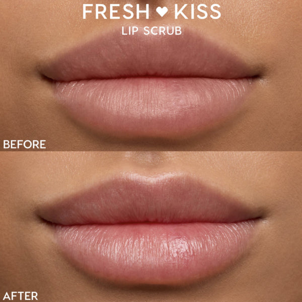 Lips displaying before-and-after results using ColourPop Fresh Kiss Lip Scrub, with the top 'Before' shot showing dry, matte texture and the bottom 'After' shot showing smoother, pinker, glossy lips in a studio close-up.