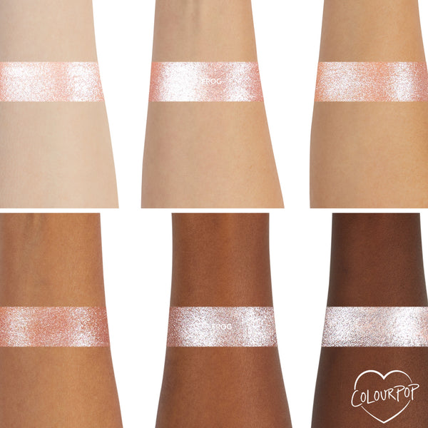 ColourPop Frog Super Shock Shadow eyeshadow swatched in wide bands on six forearms, a pink‑champagne metallic shimmer with silver sparkles showing payoff from light to deep skin tones, with a small ColourPop heart logo in the bottom right.
