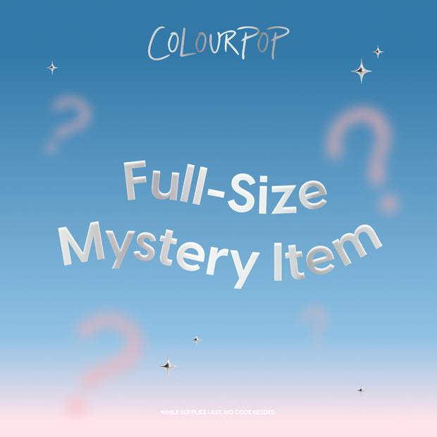 ColourPop Full-Size Mystery Product graphic showing silver 3D text reading “Full-Size Mystery Item” with pink question marks and sparkles on a blue-to-pink gradient background, promoting a Mystery Gift in the Shop All ColourPop collection.