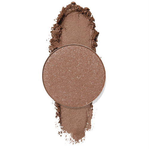Get Crackin’ single pan shows a cool taupe-brown shimmer, the ColourPop Pressed Powder Shadow swatched and lightly crumbled on a white background to display fine silver sparkle, rich pigment, and a smooth, blendable finish.