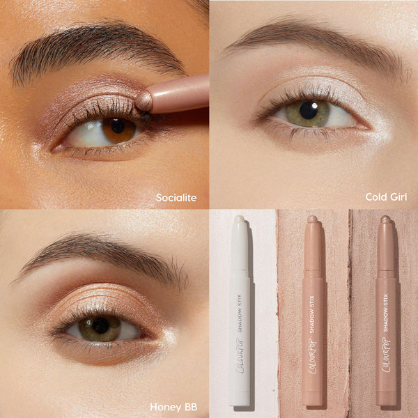 ColourPop Shadow Stix Metallic Neutrals swiped on lids - Socialite, Cold Girl, and Honey BB - show shimmering rose, icy pearl, and warm copper finishes on close-up eyes, alongside three twist-up cream eyeshadow sticks.