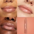 Colourpop Gimme S’more lip tint swatched on three models’ lips, showing a glossy warm nude shade beside the crayon-style tube labeled “just a tint,” ideal for shoppers searching for Lipstick & Lip Stains by Colourpop.