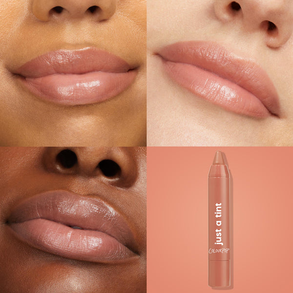 Colourpop Gimme S’more lip tint swatched on three models’ lips, showing a glossy warm nude shade beside the crayon-style tube labeled “just a tint,” ideal for shoppers searching for Lipstick & Lip Stains by Colourpop.
