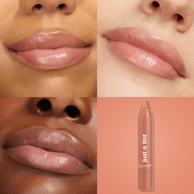 Colourpop Gimme S’more lip tint swatched on three models’ lips, showing a glossy warm nude shade beside the crayon-style tube labeled “just a tint,” ideal for shoppers searching for Lipstick & Lip Stains by Colourpop.