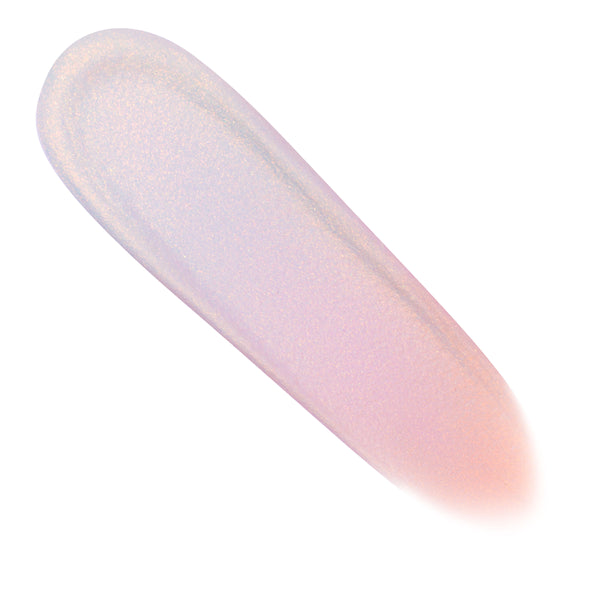 Glaze ColourPop Chrome Liquid Shadow swatch shifts from icy lavender to soft peach with fine gold shimmer, showing a high-shine duochrome finish in a thick teardrop swipe on a clean white background.