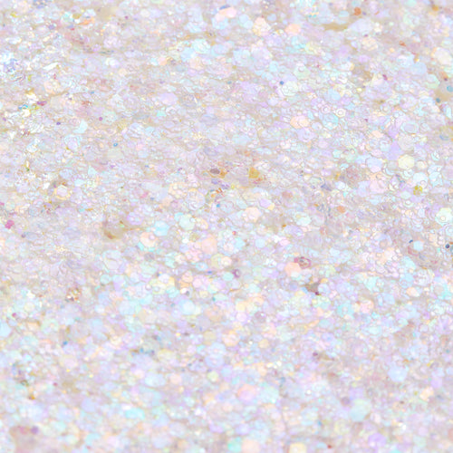 Disco Lady Glitter Gel shimmering in a close-up swatch, iridescent opal hex and micro glitter suspended in clear gel reflecting pastel rainbow hues; macro texture for ColourPop Glitter Gel product photography.