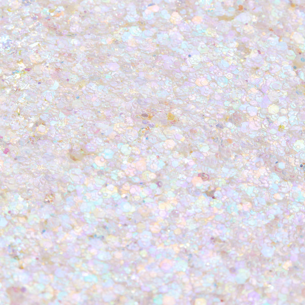 Disco Lady Glitter Gel shimmering in a close-up swatch, iridescent opal hex and micro glitter suspended in clear gel reflecting pastel rainbow hues; macro texture for ColourPop Glitter Gel product photography.