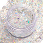 Open clear jar of Ur A Firework ColourPop Glitter Gel displaying a chunky‑fine mix of silver iridescent glitter and pastel holographic star confetti shimmering in a clear base, set atop a swatched bed of matching sparkle for face and body looks.