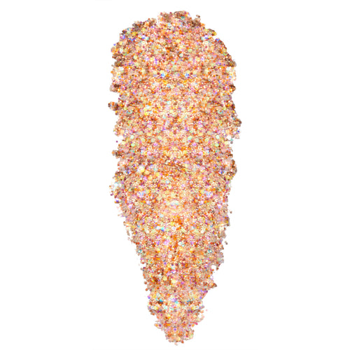 Avenue of the Stars Glitter Gel swatch sparkles in an elongated teardrop swipe of chunky holographic hex glitter - gold, peach, and iridescent rainbow - on a white background, highlighting ColourPop glitter gel’s reflective finish.