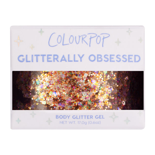 ColourPop Avenue of the Stars glitter gel shows chunky gold, copper, and iridescent hex sparkle through a clear window, packaged in a white Glitterally Obsessed box with pastel stars, labeled Body Glitter Gel, 17 g (0.6 oz), for face and body.