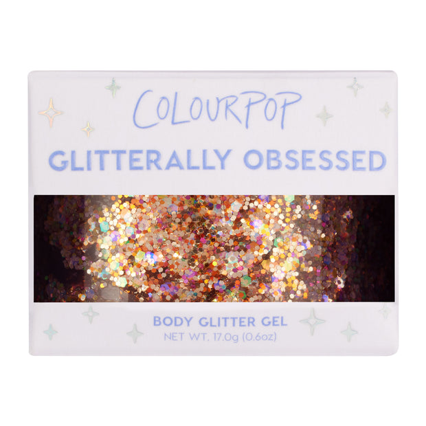 ColourPop Avenue of the Stars glitter gel shows chunky gold, copper, and iridescent hex sparkle through a clear window, packaged in a white Glitterally Obsessed box with pastel stars, labeled Body Glitter Gel, 17 g (0.6 oz), for face and body.
