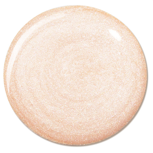 Circular swatch of Sun O' Clock ColourPop Liquid Highlighter glistening with soft peach-champagne shimmer, showing fine micro-sparkle and a glossy, fluid swirl on a clean white background.