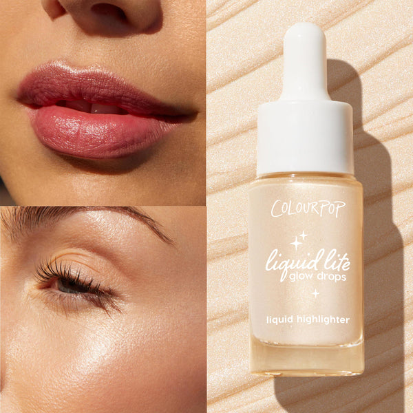 Sun O’ Clock ColourPop Liquid Highlighter (Liquid Lite Glow Drops) adding a warm champagne glow - dropper bottle on a shimmery beige backdrop beside close-ups of glossy lips and a radiant cheek showing luminous payoff.