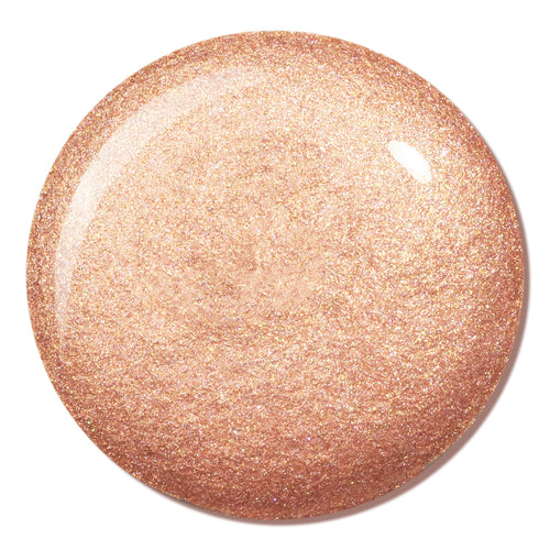 Venice Blvd swatch shimmering in a glossy, circular pool, showing a warm peachy‑champagne glow with fine gold shimmer; ColourPop Liquid Highlighter texture and finish displayed in close-up on a clean white background.
