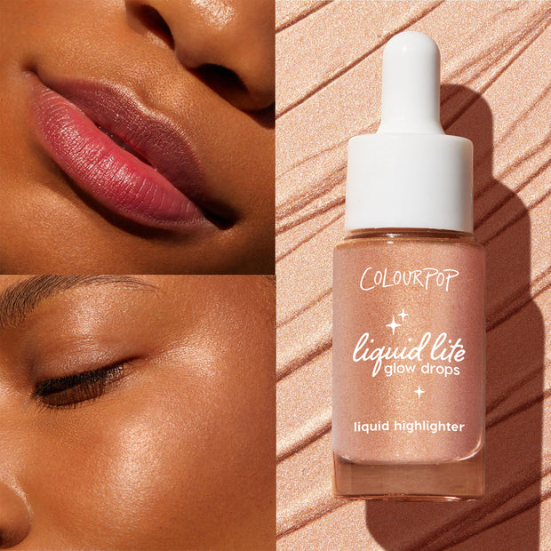 Venice Blvd by ColourPop Liquid Highlighter brightening skin - close-ups show glossy lips and a dewy, luminous cheek - while the dropper bottle rests on a shimmery swatch backdrop, highlighting its peachy-champagne glow and buildable finish.