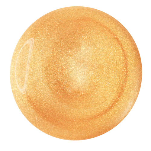 Circular droplet swatch gleaming with golden micro-shimmer on a white background, showcasing It’s a Wolf Thing from ColourPop SOL Glow Oil - a warm champagne-gold body oil that delivers a glossy, sunlit sheen.