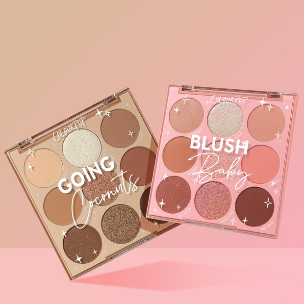 Coconut BB ColourPop Shadow Palette Set displays two 9-pan palettes - Going Coconuts neutrals and Blush Baby rosy pinks - with matte and shimmer shades in clear cases, angled on a pink gradient background for versatile everyday eye makeup.