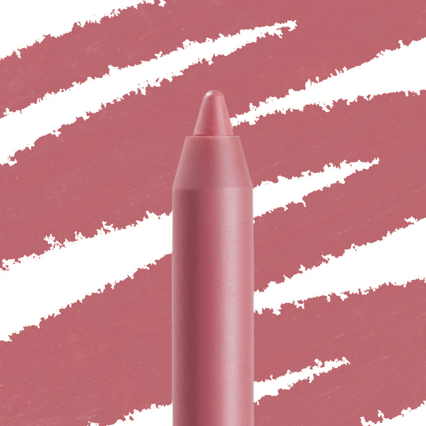 Good N Plenty ColourPop Lippie Pencil stands upright with a sharpened tip, showcasing a rosy mauve lip liner color, while wide diagonal swatch strokes in the background emphasize the creamy shade for precise lining.