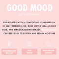 Good Mood Gel Moisturizer showcases a lightweight ColourPop Face Moisturizer formulated with watermelon seed, rose water, hyaluronic acid, and marshmallow extract to soften and retain moisture, shown on a pink infographic with ingredient icons.