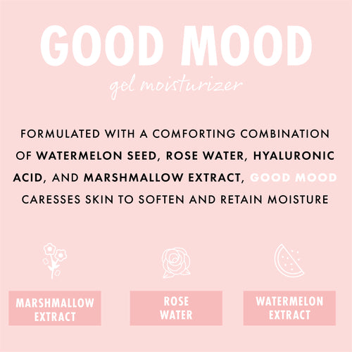 Good Mood Gel Moisturizer showcases a lightweight ColourPop Face Moisturizer formulated with watermelon seed, rose water, hyaluronic acid, and marshmallow extract to soften and retain moisture, shown on a pink infographic with ingredient icons.