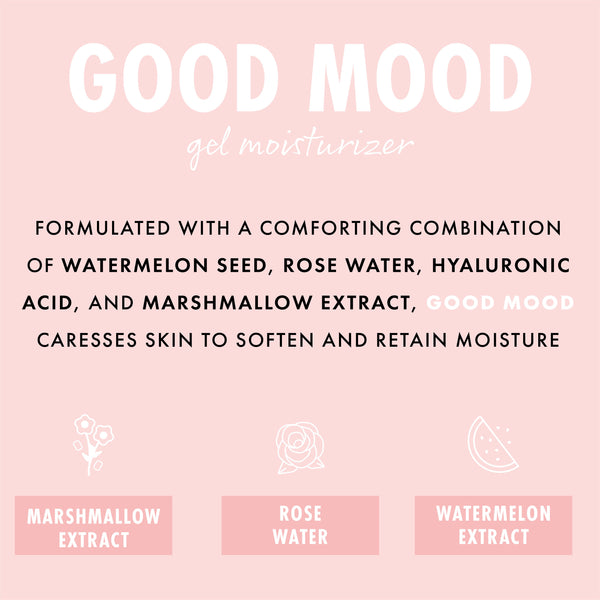 Good Mood Gel Moisturizer showcases a lightweight ColourPop Face Moisturizer formulated with watermelon seed, rose water, hyaluronic acid, and marshmallow extract to soften and retain moisture, shown on a pink infographic with ingredient icons.