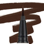 Felt-tip applicator of the Grande BFF Liquid Liner laying down bold chocolate-brown swipes on a white backdrop, emphasizing the precise brush tip and opaque color; ColourPop BFF Liquid Liner product close-up.