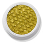 ColourPop Super Shock Shadow Green Juice shimmering in a close-up, the metallic chartreuse green-gold shade sparkles across a dimpled honeycomb texture, housed in an open white round pot on a clean studio background.