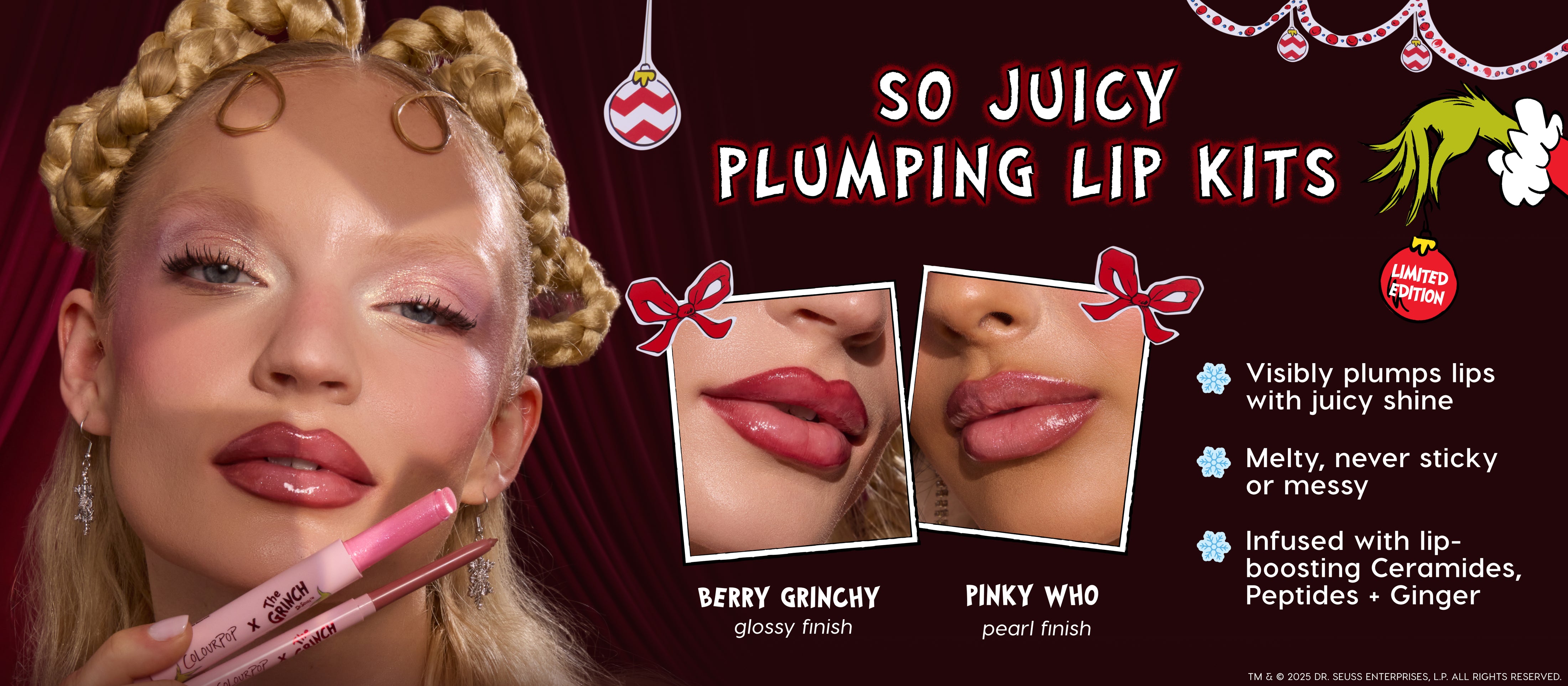 Colourpop x The Grinch So Juicy Plumping Lip Kits plump and gloss lips as a model holds pink liner and balm tubes, showcasing Berry Grinchy (glossy) and Pinky Who (pearl) shades in a festive, limited‑edition holiday collaboration.
