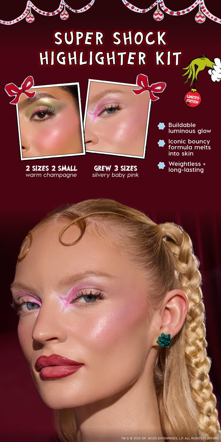 ColourPop Super Shock Highlighter Kit illuminates a model’s cheeks with buildable glow, showcasing limited-edition Grinch holiday shades - 2 Sizes 2 Small (warm champagne) and Grew 3 Sizes (silvery baby pink) - in a weightless, long-lasting formula.