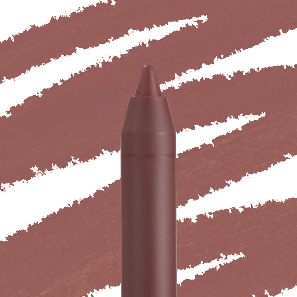 Grunge ColourPop Lippie Pencil tip showcasing a creamy deep brown-rose shade, standing upright as it draws bold diagonal swatches across a white backdrop, highlighting the precise liner point for defining and shaping lips.