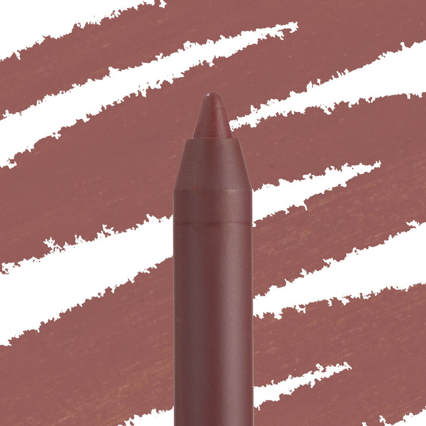Grunge ColourPop Lippie Pencil tip showcasing a creamy deep brown-rose shade, standing upright as it draws bold diagonal swatches across a white backdrop, highlighting the precise liner point for defining and shaping lips.