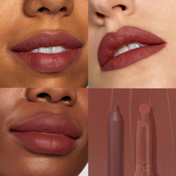 Big Smooch ColourPop Lippie Stix + Pencil Set showcasing a velvety rosy-brown lip color on three close-up swatches across multiple skin tones, with the matching lip liner and Lippie Stix shown against a smeared shade backdrop in a four-panel grid.