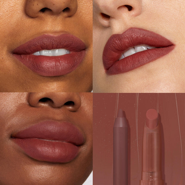 Big Smooch ColourPop Lippie Stix + Pencil Set showcasing a velvety rosy-brown lip color on three close-up swatches across multiple skin tones, with the matching lip liner and Lippie Stix shown against a smeared shade backdrop in a four-panel grid.