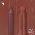 Grunge ColourPop Lippie Pencil standing beside a matching Lippie Stix, both in a creamy matte mauve-brown shade, set against a swatched brown backdrop with a small ColourPop heart logo.