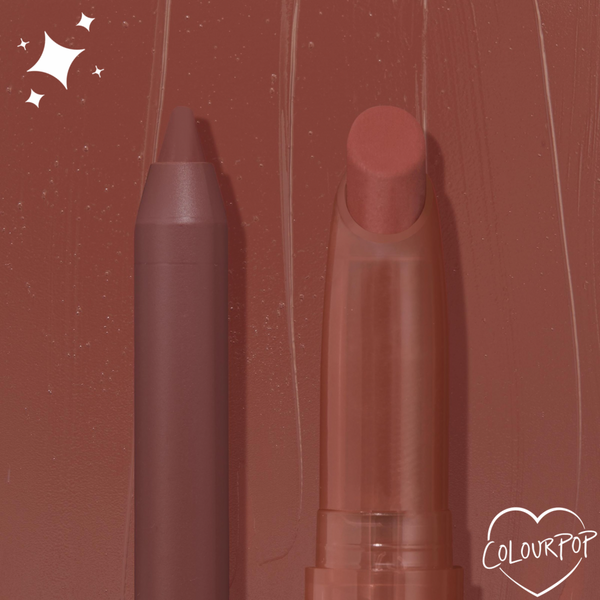 Grunge ColourPop Lippie Pencil standing beside a matching Lippie Stix, both in a creamy matte mauve-brown shade, set against a swatched brown backdrop with a small ColourPop heart logo.